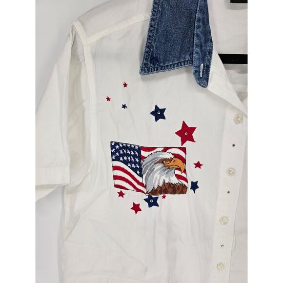 Quizz Woman Womens Embroidered Short Sleeve Denim Collar Button Down Top Size 16 - Picture 2 of 6